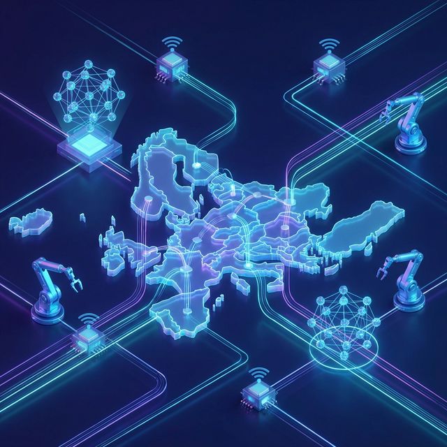 Illustration of AI, robotics and edge devices connected across a map of Europe
